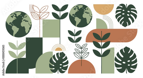 Geometric Abstract Earth and Plant Elements in a Modern Eco-Conscious Pattern