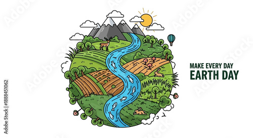 Vibrant Earth Day illustration with diverse ecosystems and wildlife, promoting environmental care