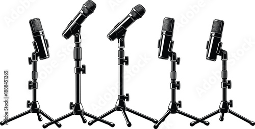 Black and white vector illustration of a collection of five professional microphones on tripod stands for podcasting music recording broadcasting and live audio performance stage
