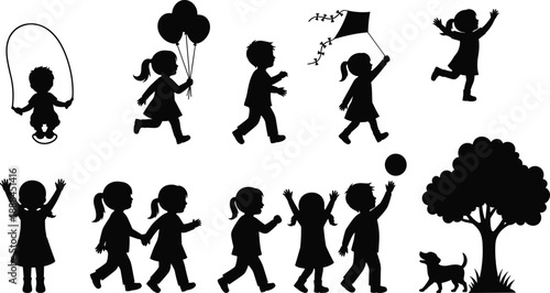 Silhouettes of children playing outdoors with pets and each other, illustrating joy, movement, and childhood interaction in a minimalist black-and-white style.