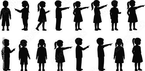 Silhouettes of children in side profile pointing at each other for social behavior illustration, peer influence concept, and childhood interaction design.