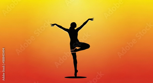 Woman in yoga pose with arms outstretched on vibrant orange and yellow gradient background at sunset