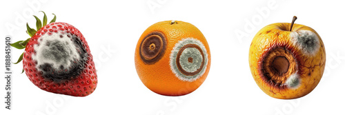 Foto Set of moldy and rotten fruits isolated on white background,
