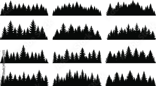 Silhouettes of coniferous tree lines in varied shapes and densities for forest edge design, landscape illustration, and environmental modeling reference.