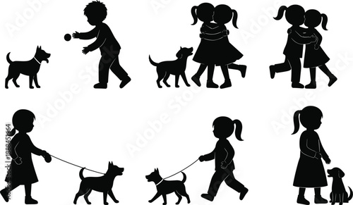 Silhouettes of children playing with dogs, walking pets, and showing affection, illustrating companionship, care, and bonding in a minimalist black-and-white style.