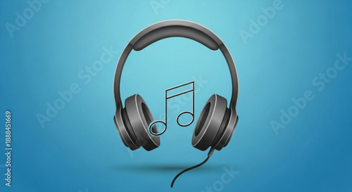 Gray headphones with musical notes on blue background symbolizing music and audio