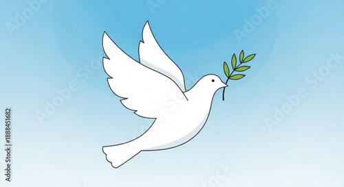 White dove flying with olive branch in beak against blue gradient background symbolizing peace and harmony in simple illustration style