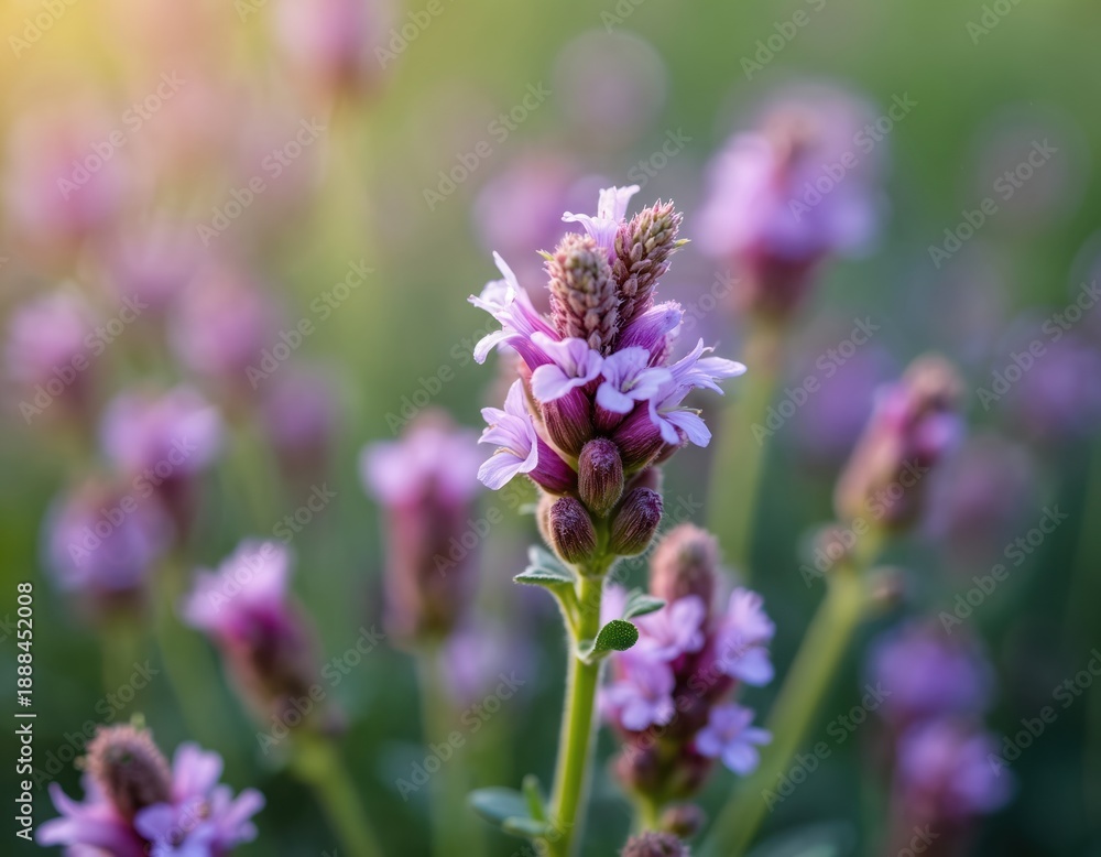 Obraz premium Wild thyme blossoms in soft light. Purple tiny flowers grow in field, garden. Medicinal herb plant, botanical detail. Nature beauty, soft focus background.