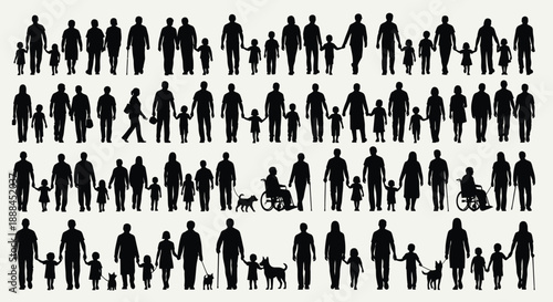 Diverse Group of Silhouetted People of All Ages Walking Together, Family Connection