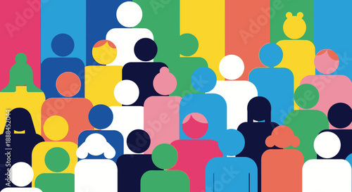 Diverse Group of People Illustrated with Abstract Colorful Shapes, Representing Community and Unity
