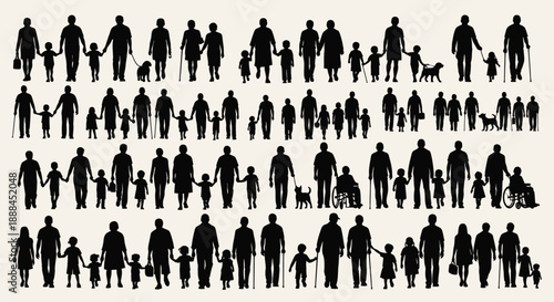 Diverse Group of People and Families Silhouettes, Representing Generations and Lifestyles