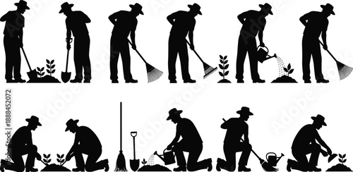 Silhouettes of gardener performing planting, watering, raking, and digging tasks for agriculture illustration, sustainability education, and garden design reference.