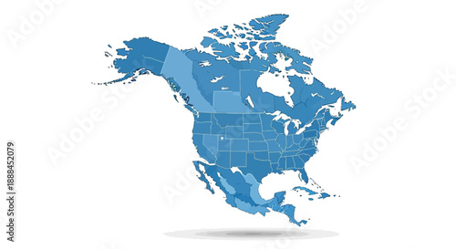 Political Map of North America Showing Provinces and States in Various Shades of Blue