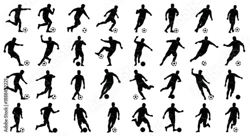 Dynamic Soccer Player Silhouettes in Various Poses with Balls, Vector Set