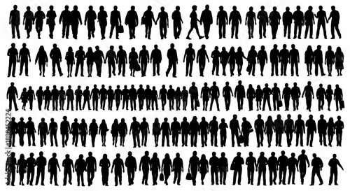 Diverse Group of Silhouetted People Walking in Various Rows and Poses