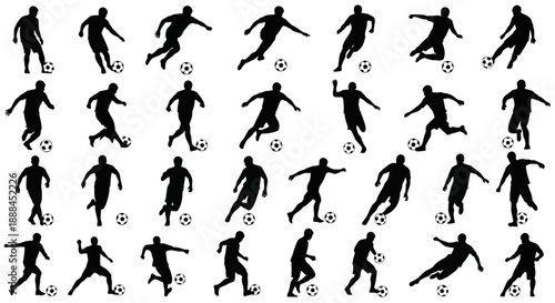 Diverse Silhouette Soccer Players in Dynamic Poses with Footballs