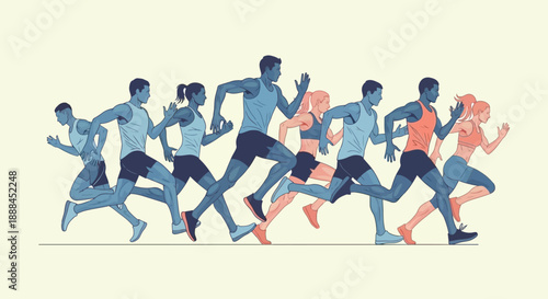 Diverse Group of Athletes Running Together in Synchronized Motion Vector Art