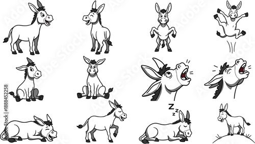 Cartoon donkey character icon set with expressive poses and emotions, vector illustration, editable design, isolated animal symbols