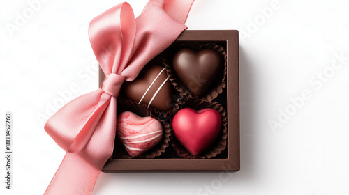 A premium overhead view of an elegant Valentine's Day chocolate gift box made of natural dark wood, filled with assorted heart-shaped and round gourmet truffles, finished with a pink satin ribbon.
