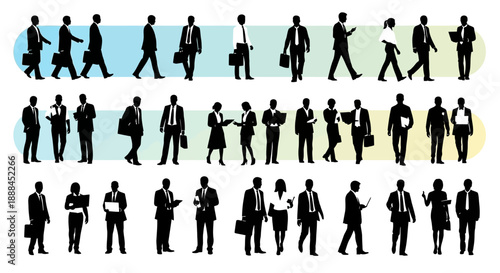 Diverse Group of Business People Silhouettes in Various Poses and Actions