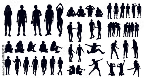 Diverse Collection of Black Silhouettes of People in Various Poses and Activities