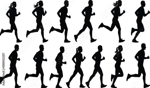 Silhouettes of male and female runners in motion, illustrating stride dynamics, athletic movement, and fitness activity in a minimalist black-and-white style.