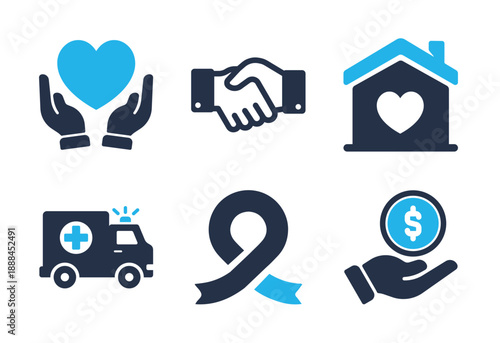 Humanity and Charity Assistance icon set. Solid glyph series icons