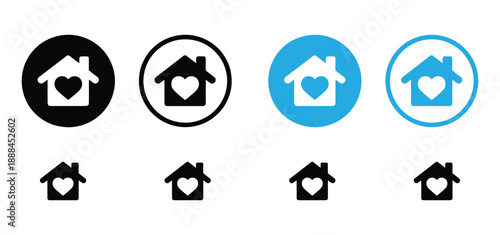 Home Love Icon Set. Vector house with heart buttons. Collection of flat round black and blue family and real estate symbols.

