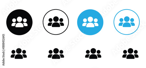 Group People Icon Set. Vector team, user, and community buttons. Collection of flat round black and blue crowd symbols for social media and web interface.

