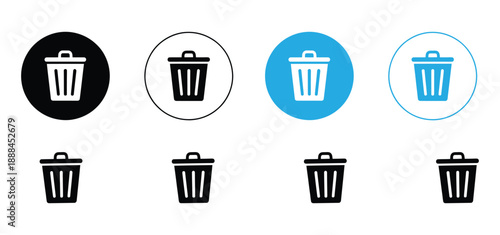 Trash Can Icon Set. Vector delete, remove, and waste buttons. Collection of flat round black and blue recycle bin symbols for web interface.

