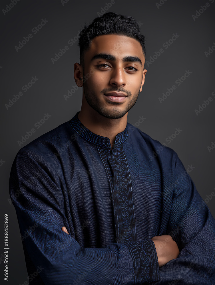 Obraz premium A young man with dark skin and short black hair wearing a navy blue shirt with a textured pattern stands confidently with his arms crossed against a dark gray background.