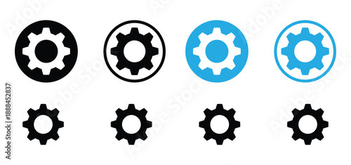 Settings Gear Icon Set. Vector cogwheel, configuration, and options buttons. Collection of flat round black and blue mechanical symbols for user interface design.

