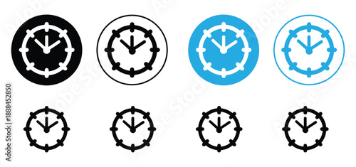 Clock Icon Set. Vector time, watch, and timer buttons. Collection of flat round black and blue management symbols for schedule and deadline apps.

