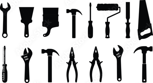 Large Vector Silhouette Collection of Hand Tools for Home Improvement Construction Maintenance Repair and DIY Project Workshop Equipment Illustration Design