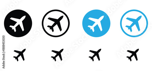 Airplane Icon Set. Vector flight, travel, and transportation buttons. Collection of flat round black and blue aircraft symbols for airport and tourism apps.

