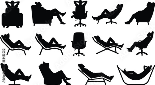 Silhouettes of People Relaxing in Various Chairs and Loungers – Ergonomic Seating Postures for Comfort, Lifestyle, and Furniture Design Concepts in Vector Format