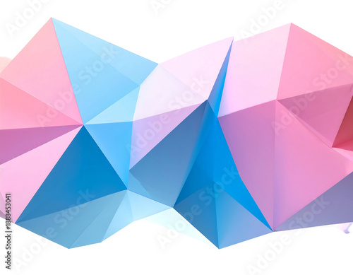 A fragmented, three-dimensional geometric design with intersecting triangular faces exhibiting a gradient of soft blue to pink