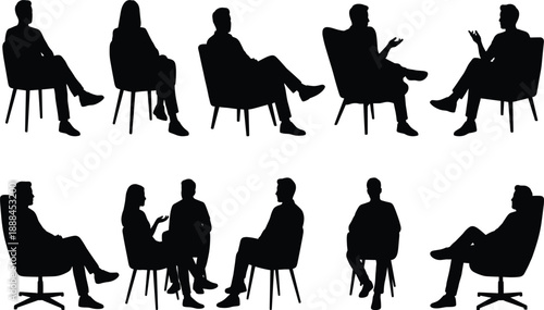 Silhouettes of People Sitting and Interacting – Seated Postures and Conversations Depicted for Communication, Psychology, and Social Behavior Design Applications