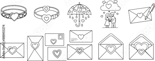 Collection of line featuring hearts rings umbrella couple and envelopes