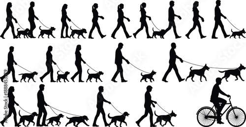 Silhouettes of people walking dogs and one bicyclist, illustrating motion, pet companionship, and outdoor activity in a minimalist black-and-white visual style.