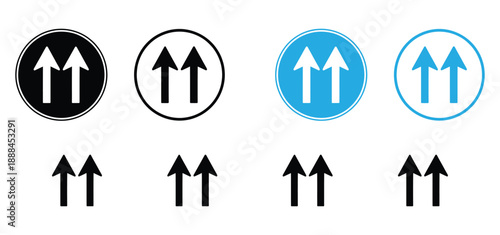 Double Up Arrow Icon Set. Vector swipe up, upload, and upgrade buttons. Collection of flat round black and blue directional signs.