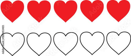 Five solid red hearts above five outlined hearts on white background