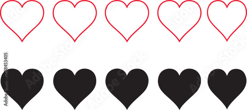 Five red outline hearts above five solid black hearts on white background