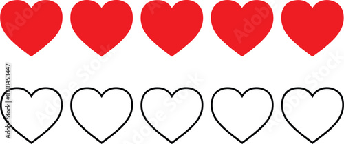 Five solid red hearts above five outlined white hearts