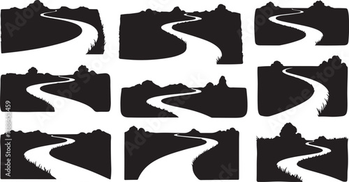 Collection of black silhouettes of winding mountain roads landscape