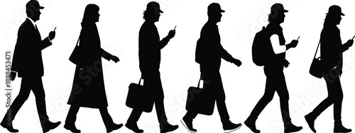 Silhouettes of people walking while using smartphones, showing evolution in fashion and posture, symbolizing modern digital habits and mobile technology culture.