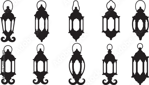 Black lantern silhouettes on white background decorative pattern design