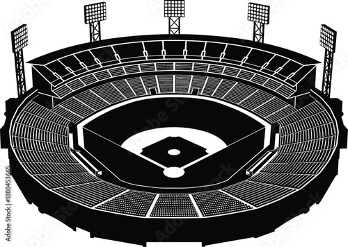 Black and White Vector Silhouette of a Baseball Stadium Arena with Floodlights and Field Diamond Isolated on White Background for Sports Graphic Design Projects (24 words)