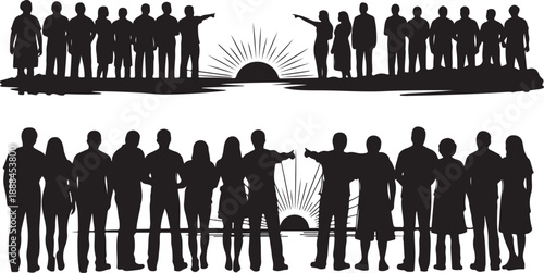 Diverse Group of People Silhouettes at Sunset or Sunrise