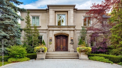 stately. The grand entrance of an elegant mansion, showcasing architectural beauty and symmetry under a blue sky. real-estate listings.